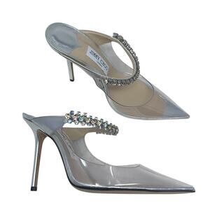 Jimmy Choo Bing 100 Embellished High Heel PVC Mules Clear Silver 39